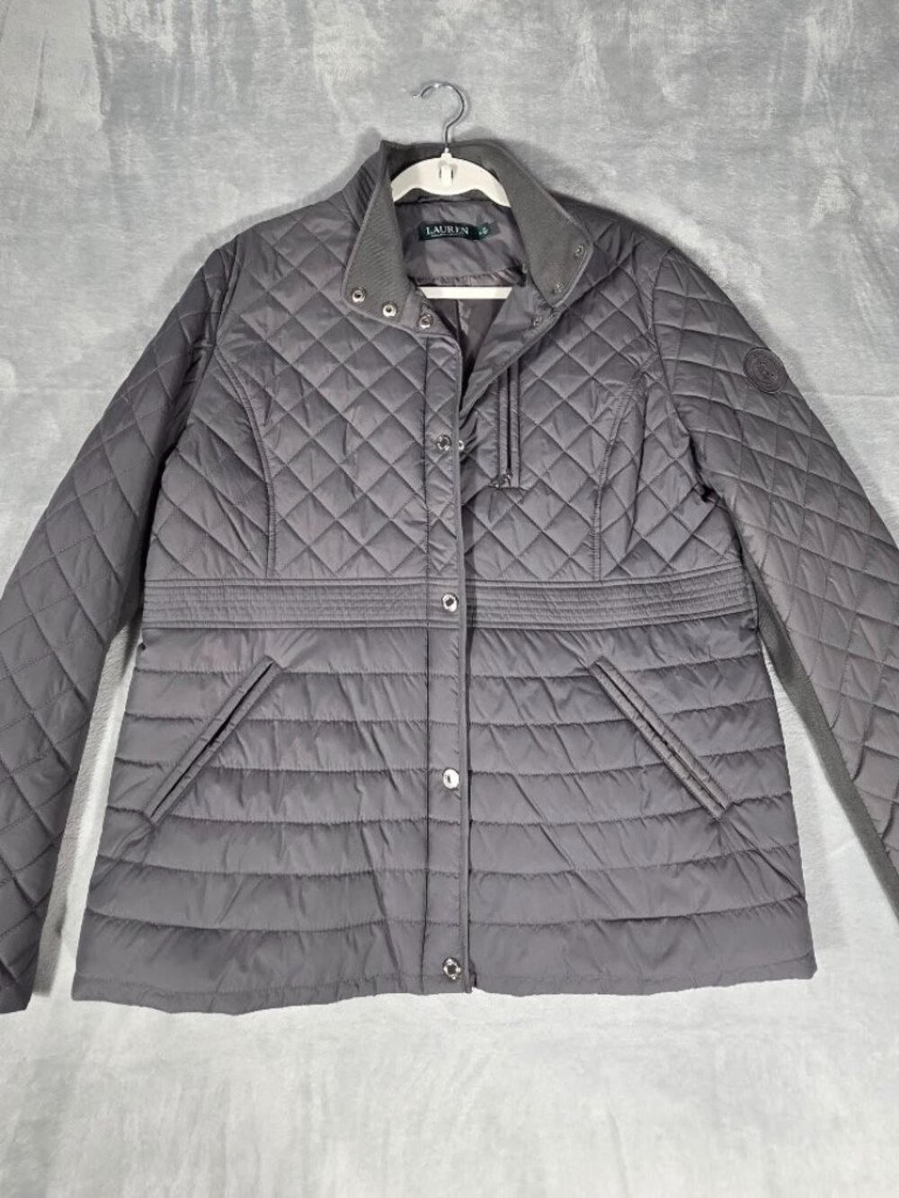 Lauren Ralph Lauren Diamond Quilted Jacket Grey Snap Front Equestrian Coat, XL